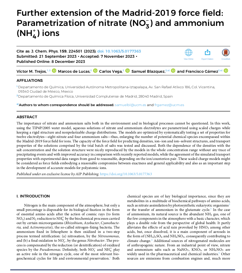 vmtrejosm's tweet photo. Our  recent scientific contribution “Further extension of the Madrid-2019  force field: Parametrization of nitrate (NO3⁻) and ammonium (NH4⁺) ions”  has been finally published!

https://t.co/J4I25ouou0 https://t.co/roBK2qyBKS