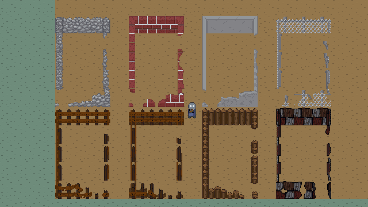 OminousGiggle's tweet photo. Most of the player-buildable walls are done with varying stages of durability remaining!
Time to get some traps made for the player to place as well!
#pixelart #indiegame #indiedev #zombies #ZombieNight https://t.co/vlj6ywL5Vm