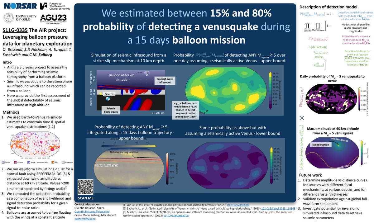 🔦Shedding light on #Venus interior is key to understand its evolution. Seismic tomography is a good way to do it but it is too🔥at the surface! Can balloons🎈detect these venusquakes from the atmosphere? Check out our poster on Monday at the #AGU23 agu.confex.com/agu/fm23/meeti…