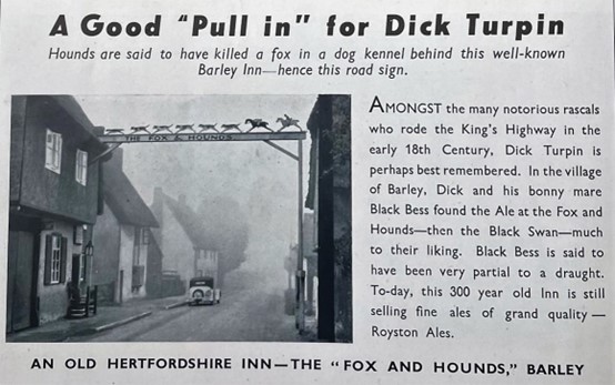 A 1942 ad for the Fox and Hounds in Barley, highlighting its links with Dick Turpin (image courtesy of @HertsArchives). Are there any local legends associated with pubs where you live? Why not #JustCall a loved one and ask them? historybeginsathome.org #EndLoneliness #HBAHPubs