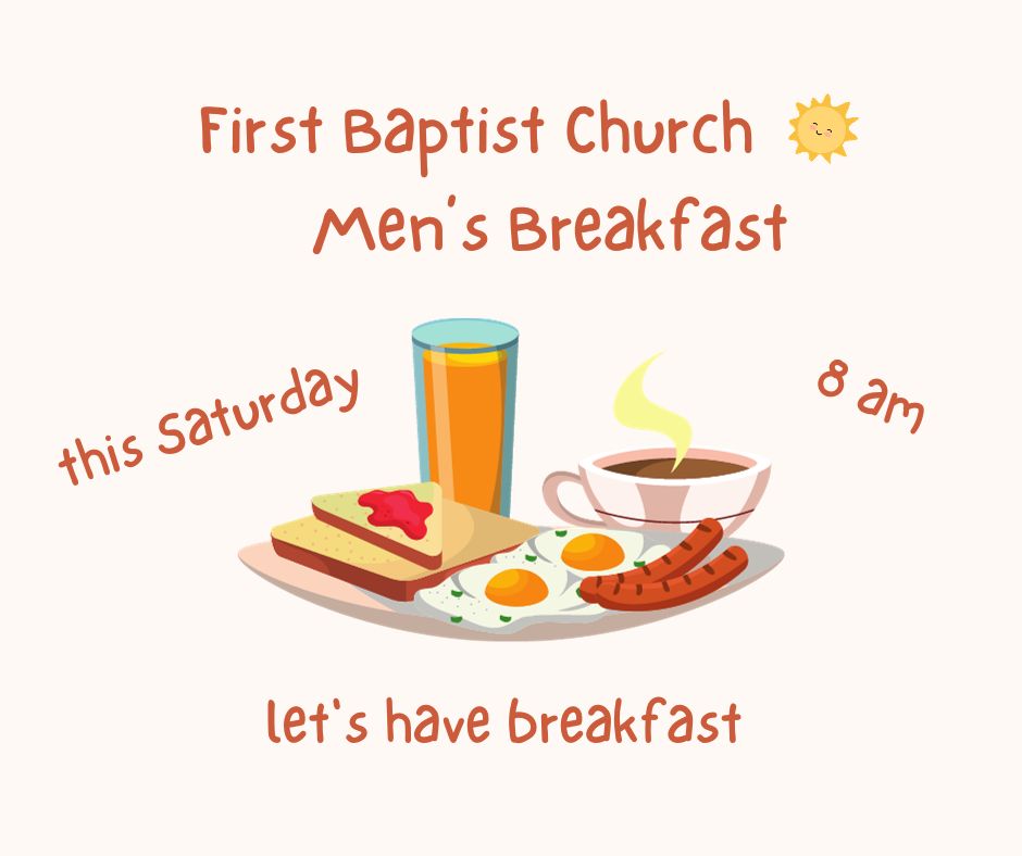 The FBC Men's breakfast is this Saturday at 8 a.m. in the fellowship hall. Join us!

#FBCPF #MensBreakfast #MensFellowship