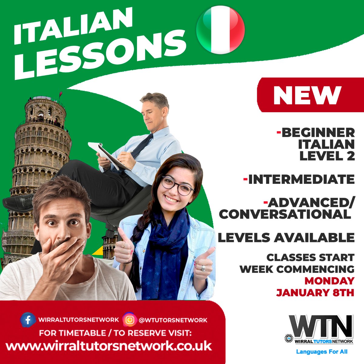 Italian Classes January 🇮🇹
✳Beginner1 Wed 17th 
7.30pm to 9pm
✳Beginner level 1.5, beginner level 2, intermediate and advanced classes start WC 
✳ One to One, in person and online private tuition including exam support is available 
To reserve
wirraltutorsnetwork.co.uk