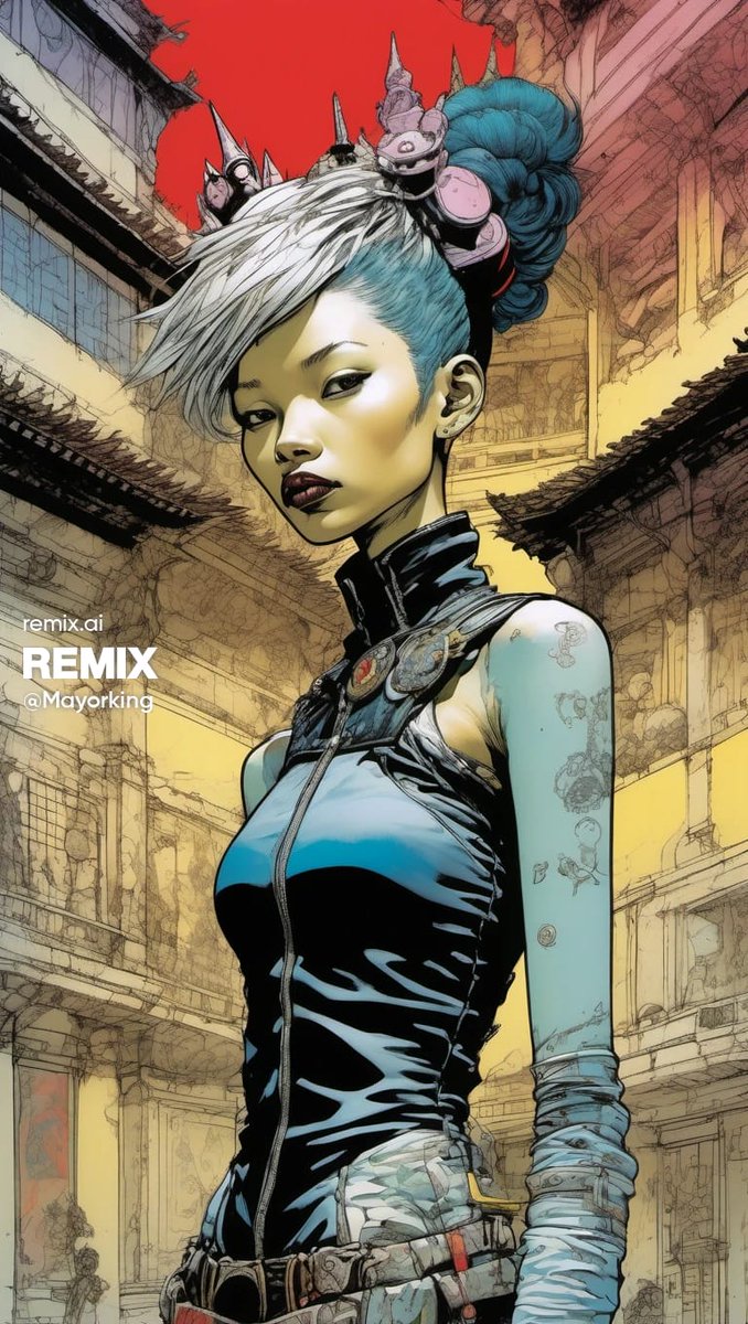 MayorKingAI's tweet photo. 🚨Illustration by Jamie Hewlett and Yoshitaka Amano

💬Illustration by Jamie Hewlett and Yoshitaka Amano,[character],  [environment],   punk caricature character with fantasy elements, bold  lines, vibrant colors, dramatic shading with delicate, dreamlike details

📜I merged the styles of Jamie Hewlett and Yoshitaka Amano, creating illustrations that blend the urban and the fantastical. I used Hewlett's bold lines and vibrant colors with Amano's dreamlike, ethereal details, achieving a unique visual harmony. 

⚙️I made this prompt in Remix using the MixerXL model with an aspect ratio of 9:16, it works well with any generative AI.

Check out the ALTS for more inspiration. 
             
♻️If you liked the prompt, give it a like and RT, share with your friends

#PromptShare  #AIArtworks  #aiartcommunity #RemixCollab