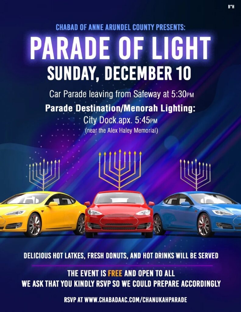 🕎Join Chabad of Anne Arundel County for its Annual Menorah Car Parade and Lighting on Sunday, Dec 10, at 5:00 PM! 🚗✨ Let's come together to celebrate the festival of lights and spread joy in the community. Details 👉ow.ly/CXOA50QgK9s
