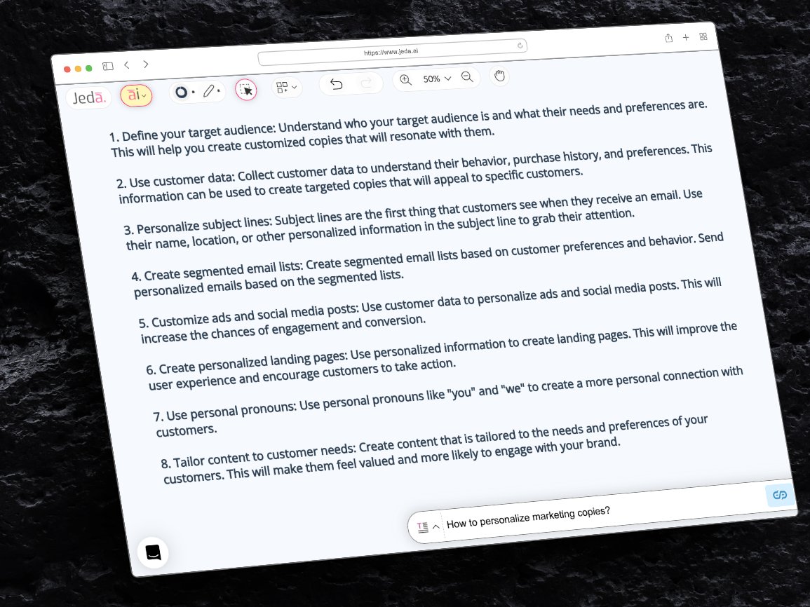 #PromptOfTheDay ⭐ 'How to personalize marketing copies?'

➡️ Try now at jeda.ai/generative-ai-…

#jedaai #ChatGPT #GPT4 #GenerativeAI #marketing #marketingguide #aimarketingtools #personalizedmarketing