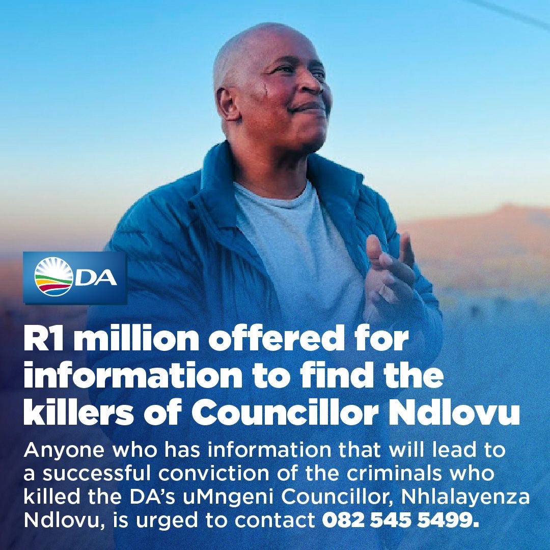 Our_DA's tweet image. 🚨 The DA is offering R1 million for information that will lead to the conviction of the individuals who murdered DA Chief Whip in the uMngeni Municipality in KZN, Councillor Nhlalayenza Ndlovu on the 5th of December.

If you have any information, please contact 082 545 5499.