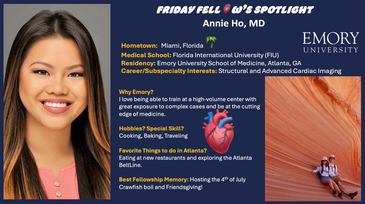 Emory Cardiology Fell🫀ws (@emory_heart) on Twitter photo 🚨Friday Fellow’s Spotlight🚨
THIS Friday Fellow’s Spotlight we introduce one of our spectacular 3rd year fellows and structural imaging fellows: Dr. Annie Ho! 🫀🫶 #Emory <a href="/ACCinTouch/">American College of Cardiology</a> <a href="/American_Heart/">American Heart Association</a> #womenincardiology #WIC #EmoryCardiology 🚨Friday Fellow’s Spotlight🚨
THIS Friday Fellow’s Spotlight we introduce one of our spectacular 3rd year fellows and structural imaging fellows: Dr. Annie Ho! 🫀🫶 #Emory <a href="/ACCinTouch/">American College of Cardiology</a> <a href="/American_Heart/">American Heart Association</a> #womenincardiology #WIC #EmoryCardiology