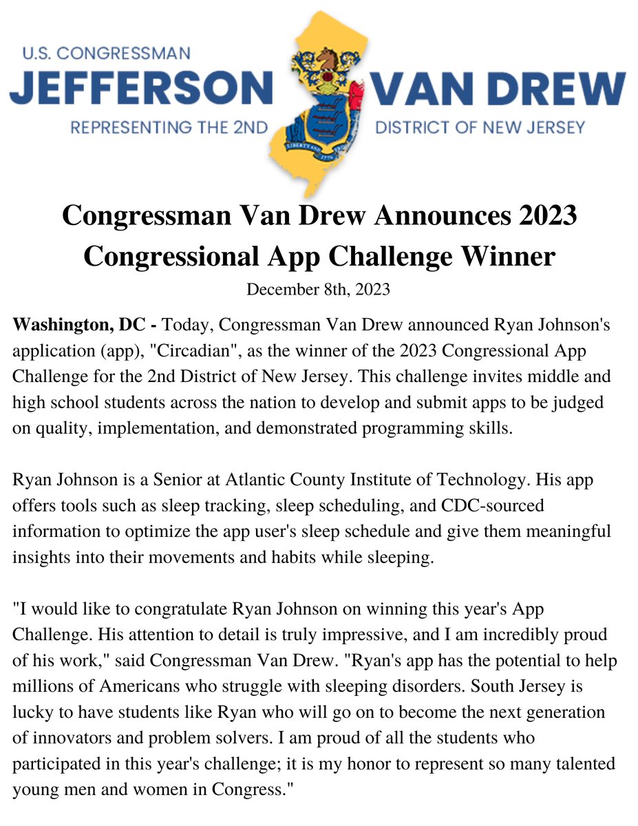 Congratulations to our 2023 Congressional App Challenge winner, Ryan Johnson! I am so proud of all the South Jersey students who participated this year. It is my absolute honor to represent these bright young men and women in Congress.