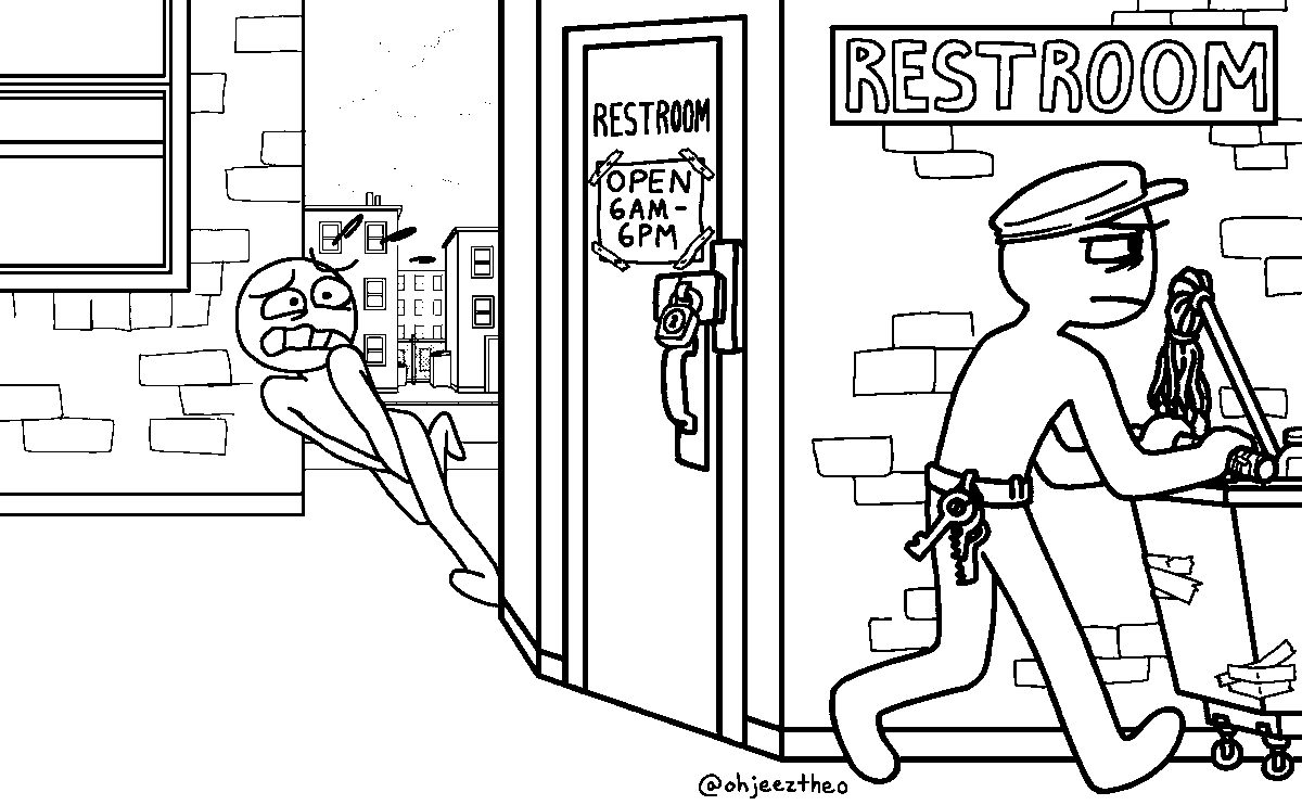 ohjeeztheo's tweet photo. Omorashi line art. This person's bladder is a minute away from bursting, but they're a minute late for the public restroom to lock up. Looks like they'll have to squirm cross-kneed down the street to the nearest gas station, or approach the grumpy janitor and roll for persuasion. https://t.co/YQe34YimkJ