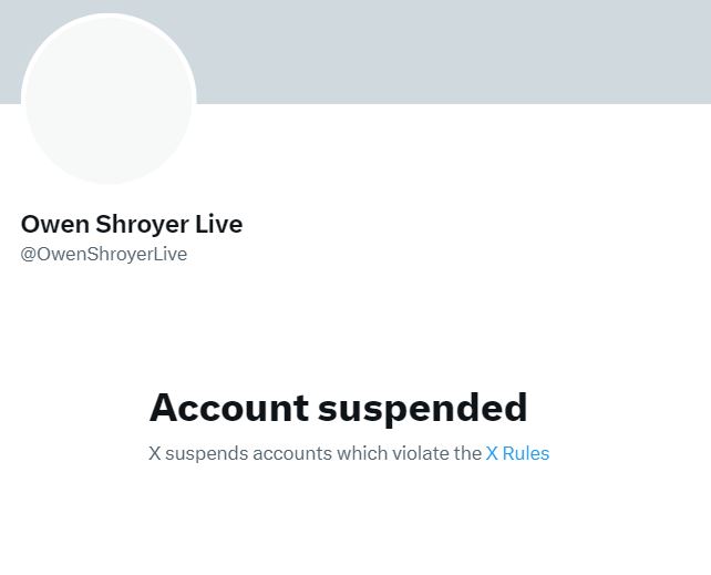 Upon my release, it's come to my attention that the account I use for livestreaming, @OwenShroyerLive, has been suspended without cause. Haven't used it in months. Of course my original account @allidoisowen remains banned. This is undeniable censorship. @elonmusk - please help.