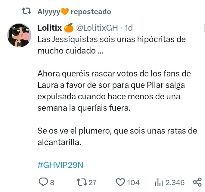 sua9897's tweet photo. Los grupos de Laura,Telegram, Twitter, IG y LATAM votaron echar a Jessica
VOTAR SÓLO LUITINGO ❣️
En todos grupos de Laura y se votó echar a Jessica
No apoyéis a Laura en la final, sus fans echaron a Jessi
#GHVIPGala12 #GHVIP8D
#GHVIP7D #TeamJessica #GHVIPGALA12 #GHVIPGala13 https://t.co/X8TkO5tQr1