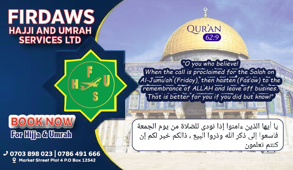 SalamTvUG's tweet photo. Another exciting best day of the week is here. please endeavor to adhere to the dos of this day especially reaching the mosque early.
BOOK NOW FOR HIJJA AND UMRAH
0703898023 0786491666
#FIRDAWS #SalamUpdates https://t.co/eMW0iY8Ov6