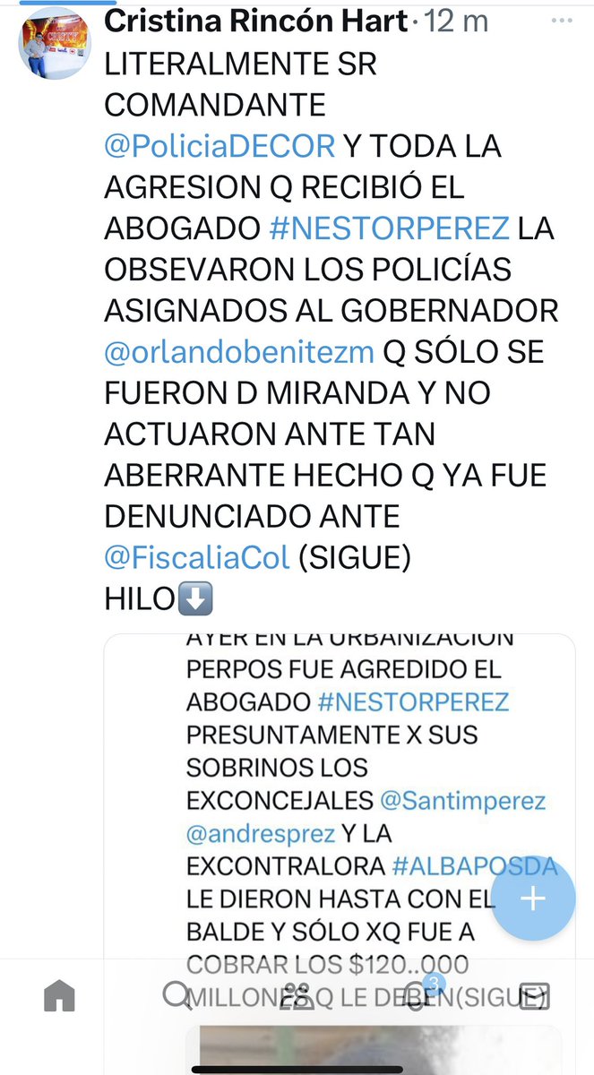 CristyRinconHar's tweet photo. @PoliciaDECOR @orlandobenitezm @FiscaliaCol @PoliciaColombia @PoliciaMonteria @MinInterior @velascoluisf @GobCordoba_ @petrogustavo @RioNoticiasCo @JuanDRangel20 @monohoyos27 @ConcejalCarlosZ LO MÁS ABERRANTE D LA AGRESION Q RECIBO EL ABOGADO #NESTORPEREZ ES Q AUTORIZARON LA ENTRADA PARA AGREDIRLO 
ACTUARON CON ALEVOSÍA PRESUNTAMENTE LA PRIMERA Q SALIÓ CON UN BATE FUE LA EXCONTRALORA #ALBAPOSADA #QPELIGRO MEDICINA LEGAL LE DIO UNA INCAPACIDAD D 60 DIAS Y #TODOXNOPAGAR https://t.co/nCQaKFxxmI