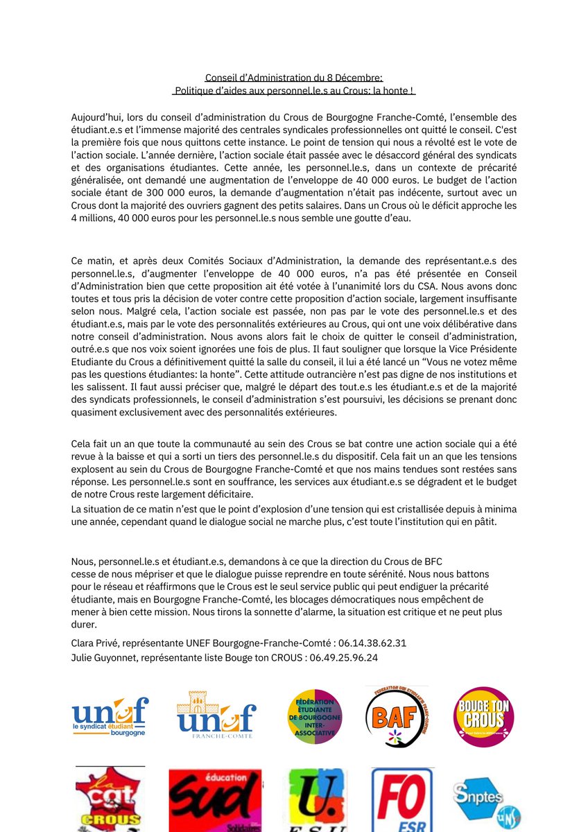 👉 Voici notre réaction face au Conseil d'Administration du CROUS Bourgogne Franche-Comté qui s'est déroulé ce matin