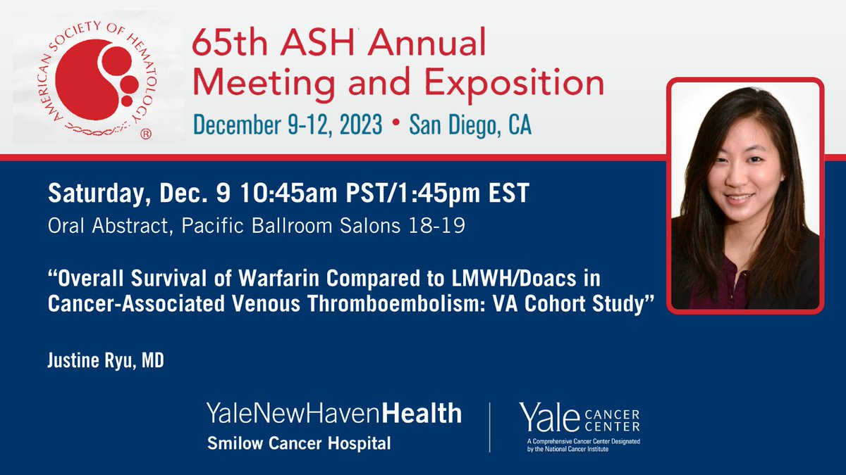 YaleCancer's tweet image. Today at #ASH23, @justine_ryu will share insights on whether #warfarin improves survival compared to #LMWH or #DOACs in patients with cancer-associated thrombosis (CAT).
ash.confex.com/ash/2023/webpr…
@SmilowCancer @YaleMed @YNHH @YaleHematology