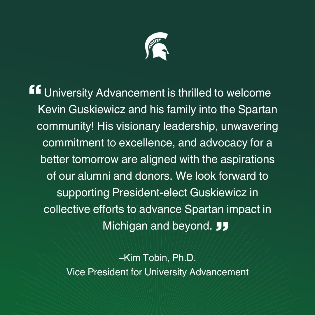 Let's give a warm Spartan welcome to @michiganstateu's 22nd president, Kevin Guskiewicz. #GoGreen 💚 More at go.msu.edu/nRC5.