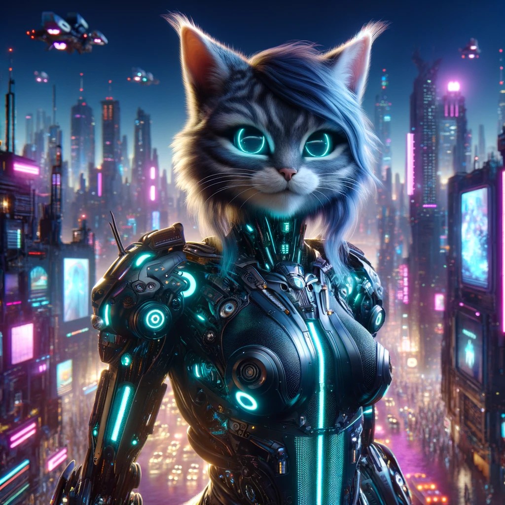 AI_Comix's tweet photo. Anamorphic cyberpunk cat https://t.co/dKuOtOIcIb