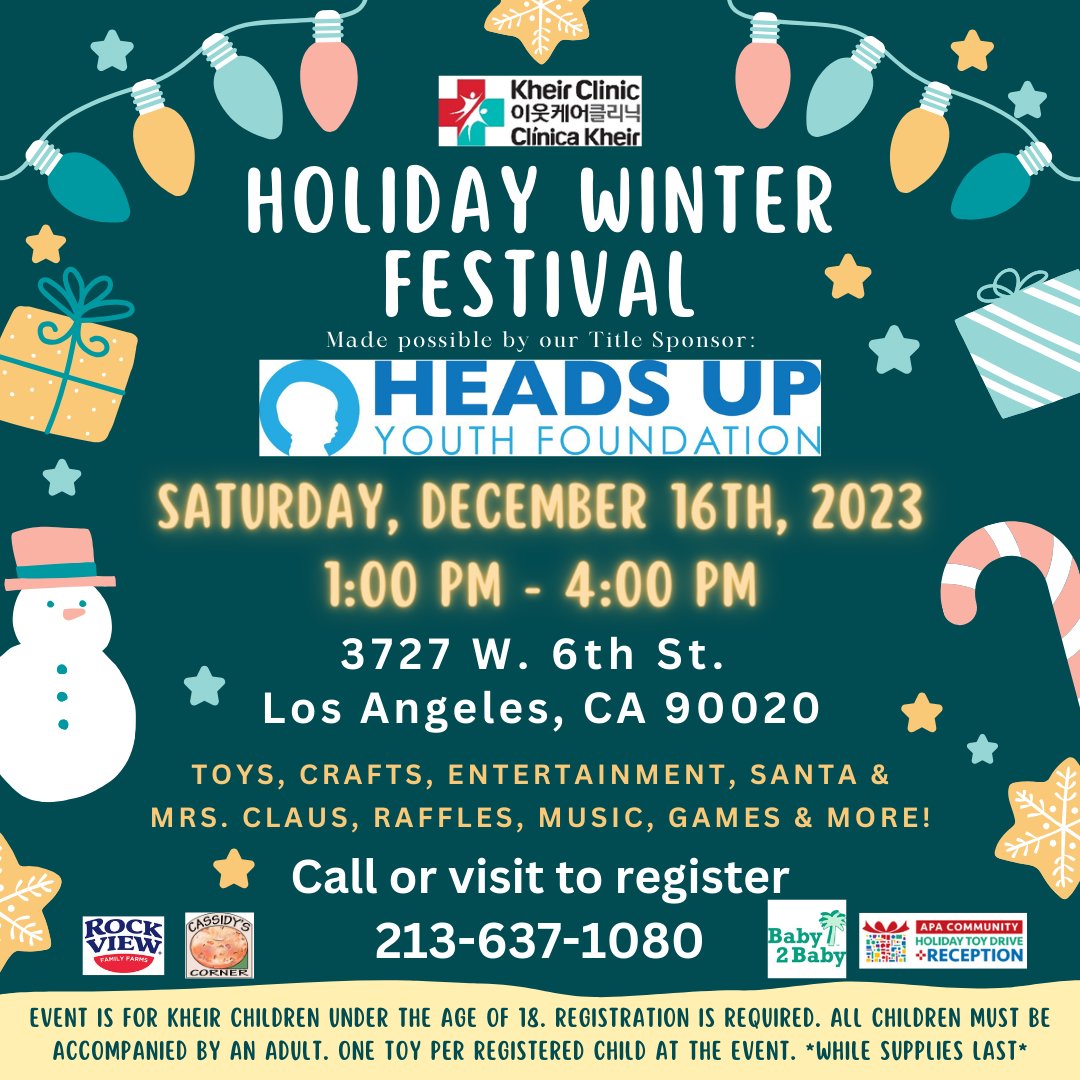 LAKHEIR's tweet image. Happy Friyay! Announcing that next Saturday, December 16th, we will host our annual Holiday Winter Festival in partnership with @abc7rob's #HeadsUpYouthFoundation! Take action to register now, and we'll see you there! 🤩 #Holidays #ToysforKids #LosAngeles #CommunityEngagement