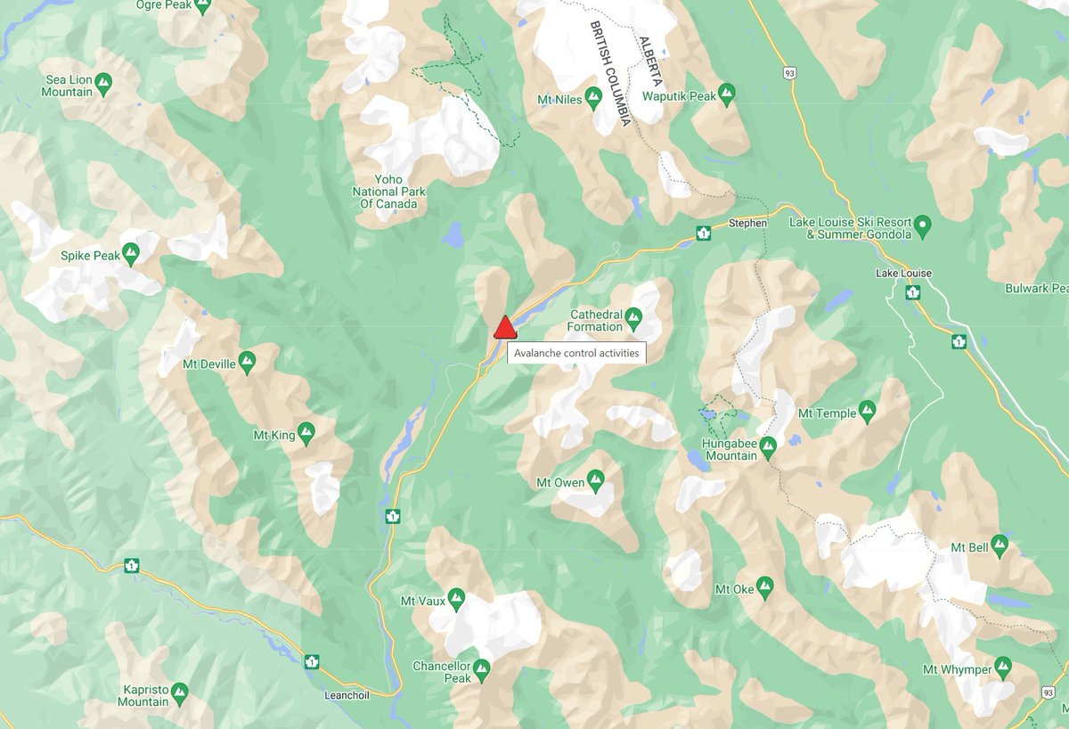 DriveBC's tweet photo. ⛔️CLOSED - #BCHwy1 The highway is closed in both directions at Field Visitor Centre Access Rd until 1:00 PM MST for avalanche control activities. No detour is available. Watch for crews. Expect major delays. #FieldBC #GoldenBC #AlbertaSeparation 

ℹ️Info:
https://t.co/pTbykqUTAZ https://t.co/FbvxL4A2GE