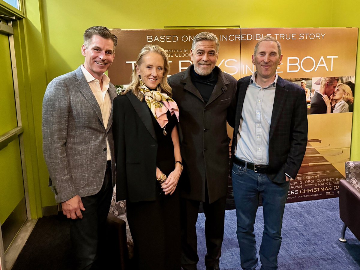 ajassy's tweet photo. Special evening last night sharing “The Boys in the Boat” movie with our friends, neighbors, and family in Seattle. It’s an incredible story about an underdog team from Seattle that took the country (and the world) by storm, ultimately competing for gold at the 1936 Summer Olympics in Berlin. Grateful to George Clooney for bringing this story to life as a movie, and Seattle’s very own Daniel James Brown, who wrote the acclaimed best-selling book on which this film is based. Also special to celebrate with Judy Rantz and the families of the other young men that rowed on that epic team. Can’t wait for folks to see it when it opens in theaters nationwide on Christmas Day!