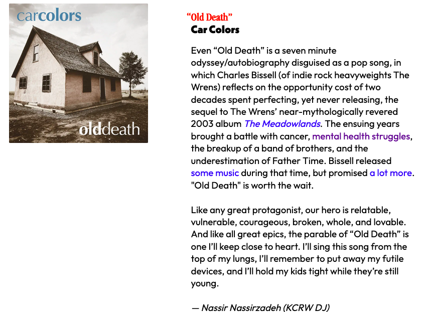 _car_colors's tweet photo. I know they have wisely stopped posting here, but just a sincere thank-you to @KCRW for counting Old Death as one their Favorite Songs of 2023 and especially @teNASSity there, for the VERY sweet (and comprehensive!) write-up on it: https://t.co/gMQ68yKKfZ https://t.co/q1MEq9T59c