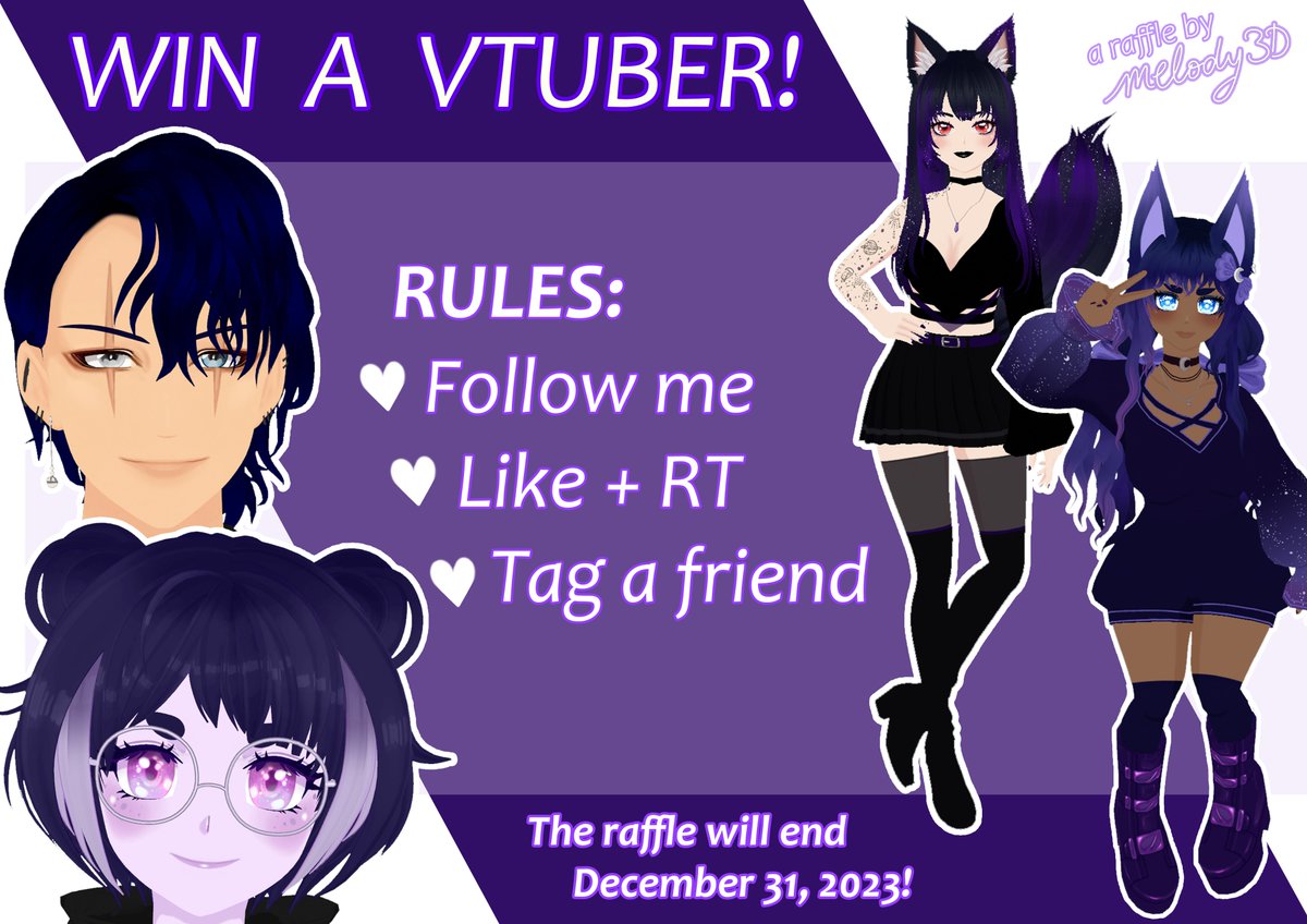 Melody3D's tweet photo. #WIN a #vtuber model!
RULES:
💜Follow me
💜Like+RT
💜Tag a friend
ENDS: Dec 31, 2023
The winner receives a fully rigged 3D model (VRM file) that is versatile and can be used for some VR games. I will be working together with the winner to create their dream vtuber model. https://t.co/okWL5Kktn7