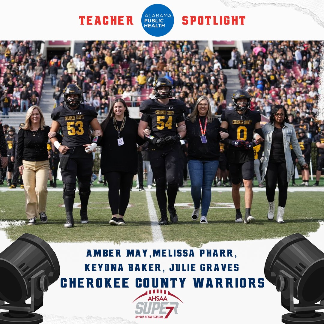 Super 7 (@ahsaa_football) on Twitter photo Before your heroes took the field, we recognized the heroes off the field with the <a href="/ALPublicHealth/">Alabama Public Health</a> Teacher Spotlight. A big thank you to the teachers of <a href="/cchswarrior/">Cherokee County High School</a> for supporting our athletes! #Super7 | #StateYourClaim | #4A | <a href="/ALPublicHealth/">Alabama Public Health</a> | <a href="/AHSAAUpdates/">AHSAA</a> Before your heroes took the field, we recognized the heroes off the field with the <a href="/ALPublicHealth/">Alabama Public Health</a> Teacher Spotlight. A big thank you to the teachers of <a href="/cchswarrior/">Cherokee County High School</a> for supporting our athletes! #Super7 | #StateYourClaim | #4A | <a href="/ALPublicHealth/">Alabama Public Health</a> | <a href="/AHSAAUpdates/">AHSAA</a>