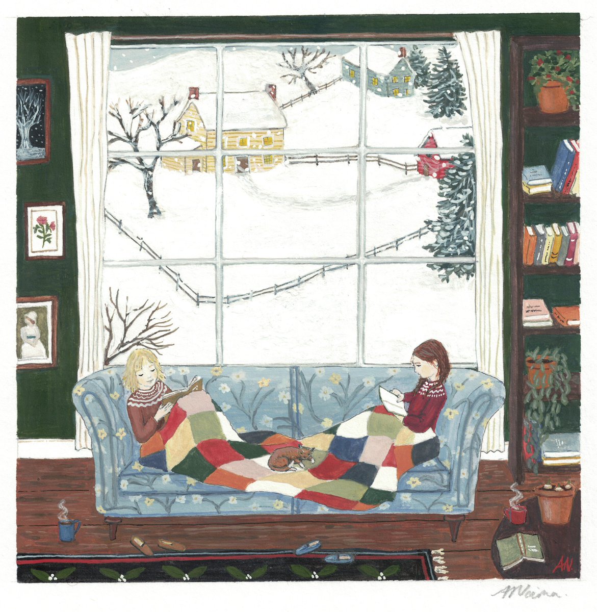 Reading day. Dreaming of a December this tranquil #gouache #illustration