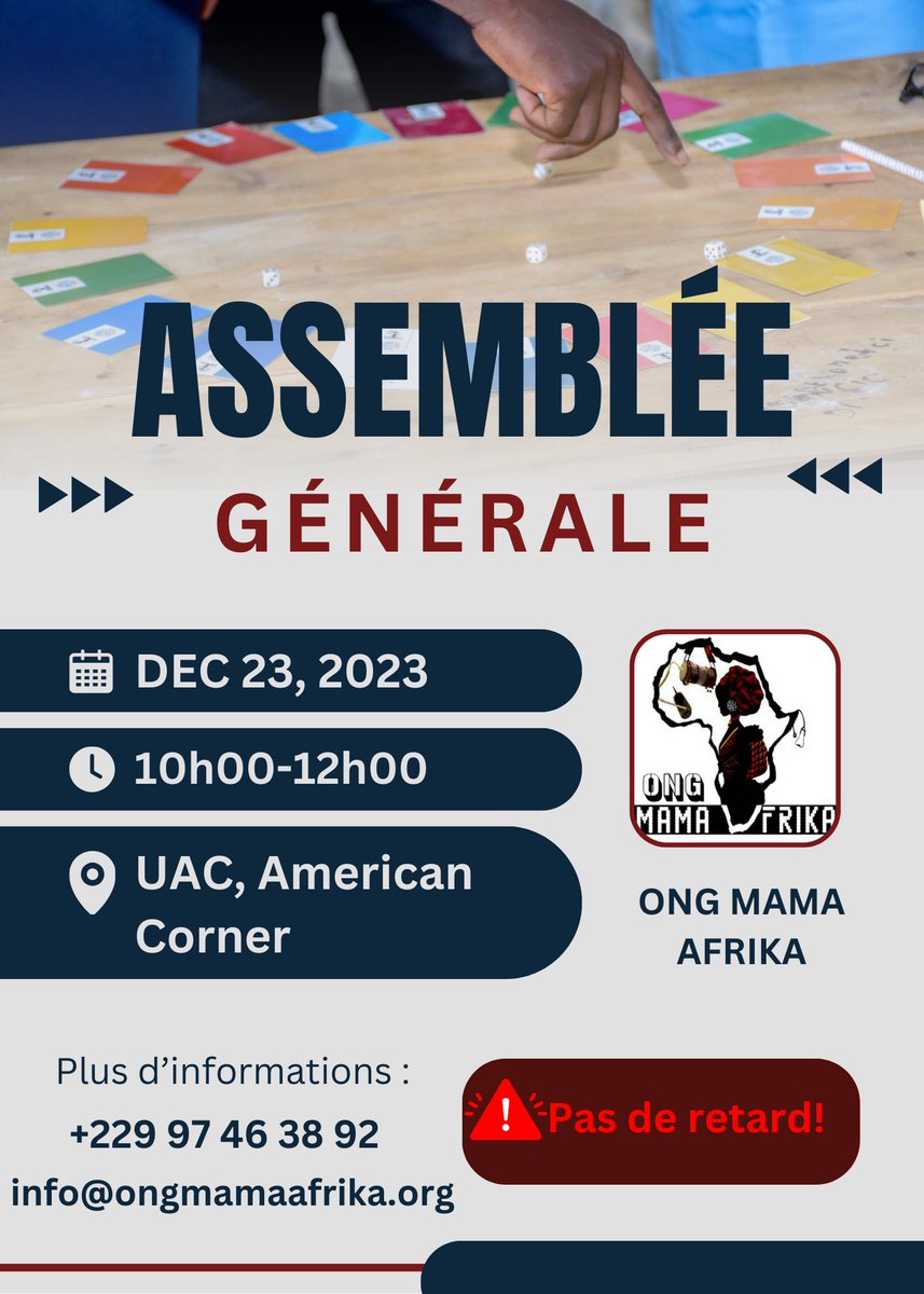 📣 Invitation AG Mama Afrika 🌍 | Rejoignez-nous le 23 décembre à 10h00 à l'UAC, American Corner. Votre présence compte! 🤝 #AGMamaAfrika #Engagement #ChangementPositif 🕙 NB : Respectez l'heure, pas de retard! 🚀✨