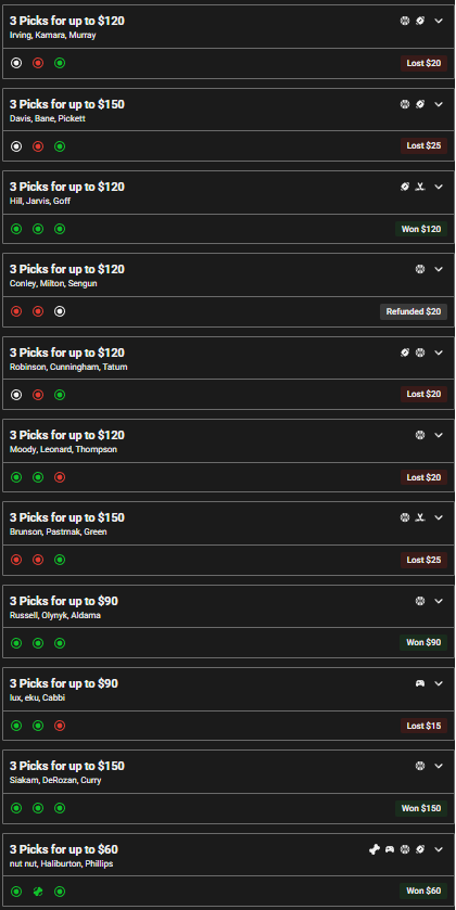 OptionsGeeks's tweet photo. Here's my last 11 on UnderDog (I play pretty small).  I won 4 of them, and 1 got refunded. 40% win rate! That's higher than my normal winning pct, but you can see how effective the right strategy can be.  All picks taken right from the Fantasy Optimizer.

https://t.co/ORA069dOFR https://t.co/e5cfhbdIvb