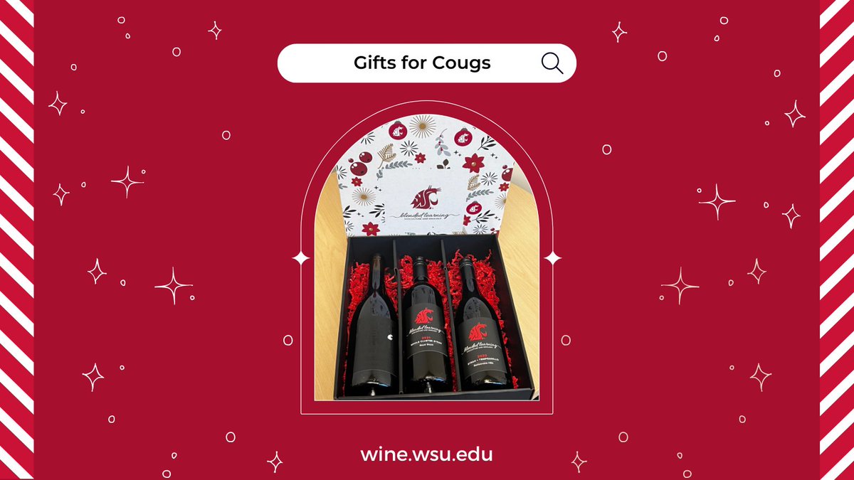 #WSU Blended Learning student-made wine makes an excellent gift for your favorite Coug, and this year, we've got the wrapping covered!

Our WSU-themed holiday gift box features a trio of Syrah:

Syrah + Tempranillo
Whole Cluster Syrah
Rocks Reserve Syrah 

store.wine.wsu.edu/syrah-trio-hol…