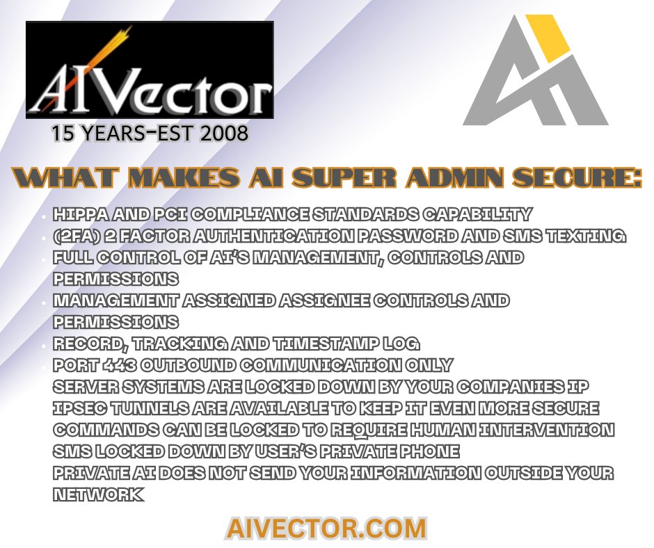 aivector1's tweet photo. What Makes AI Super Admin Secure:
800.316.2802
 https://t.co/DcRx5x8xrt
#aivector #aisuperadmin #smstextingaiadmin #ai #artificialintelligence #securityfeatures #aibusiness #secureai #systemadmin #systemadministrator  #computerupdates #aitechnology #aicompany #aibot #medicalai https://t.co/Rc97WH64em