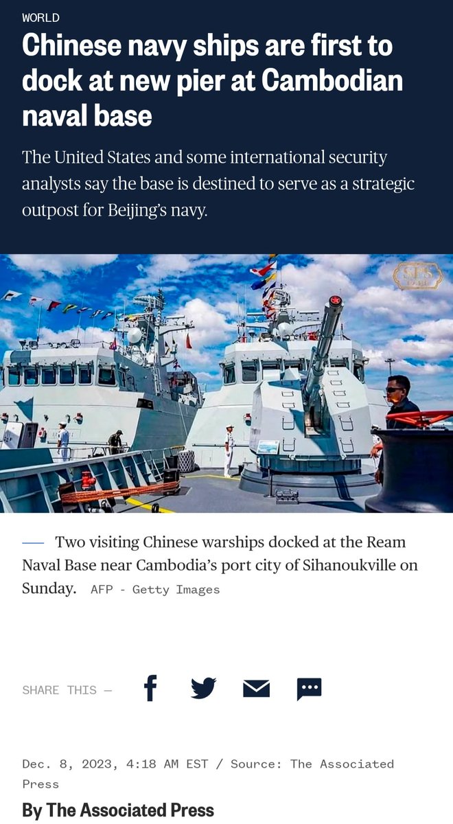 Oceanworldfree's tweet photo. 🇨🇳2 Type56 corvettes docked at #ReamNavalBase. In returning for the politi &amp; econ support from China, Cambodia is disregard the W concerns to lease its base to China - the shortest distance of China's missiles from its land to #DiegoGarcia #Tindal #NicobarIslands  (#MischiefReef) https://t.co/wmhTD5MajL