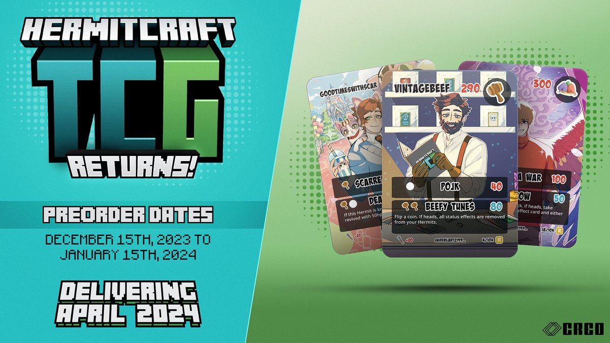 Did you miss your chance to own some Hermitcraft TCG cards? Well I've got good news... HermitCraft TCG is RETURNING Retweet this for a chance to win 1 of 5 original Booster Boxes! Pre-orders: Dec 15 to Jan 15 Estimated Delivery: April 2024 DETAILS BELOW: