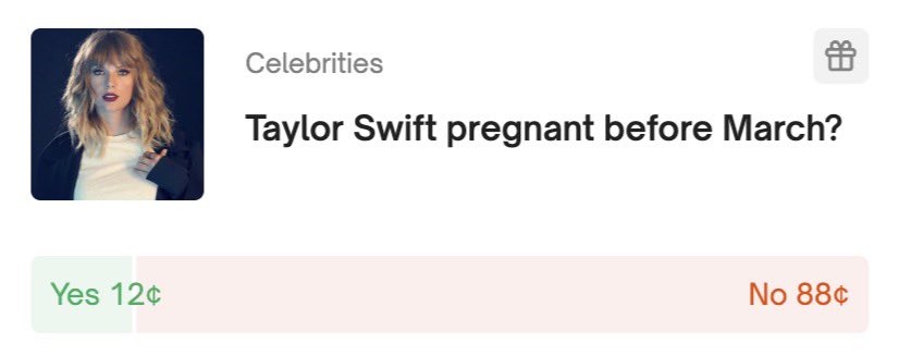 PopTingz's tweet photo. There's a 12% chance Taylor Swift is pregnant before March. https://t.co/9UBI9wguDT