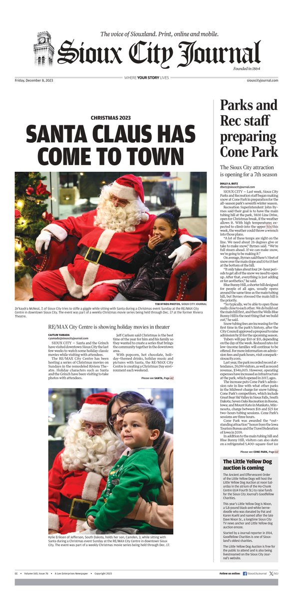 From the Journal's Dec. 8 edition: Santa Claus comes to Sioux City as RE/MAX City Centre shows holiday movies in theater; Cone Park is readying for its opening; The Little Yellow Dog Auction is set for noon Saturday; First phase of PlyWood Trail nearing completion; and more.