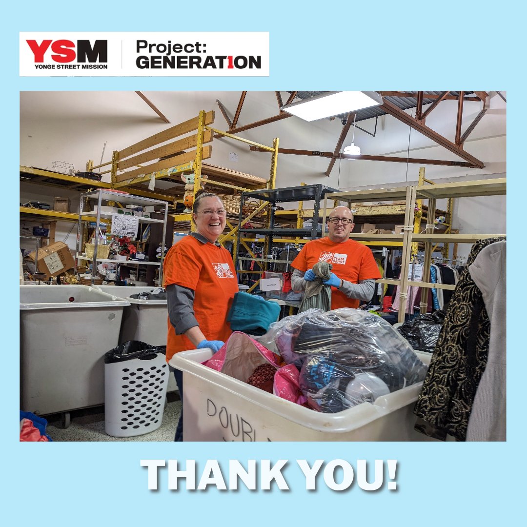 YSM_TO's tweet photo. Huge thanks to @HomeDepotCanada for joining Project: GENERAT1ON at Yonge Street Mission! Their team spent the day at Double Take thrift store, sorting, folding and spreading smiles. Your dedication helps end poverty's fight in one generation. #YSMCommunity #VolunteersRock https://t.co/gHHitLqTxB