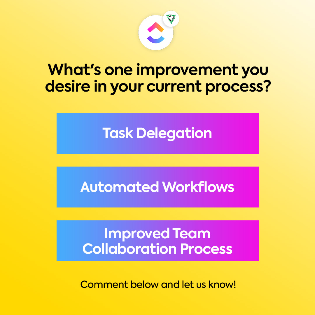 VisioneerIT's tweet photo. What's one thing that you wish your current process could incorporate? Comment below and let us know! 

#ClickUpExcitement #VisioneerIT #ProjectManagement https://t.co/yFsexr9ZLJ