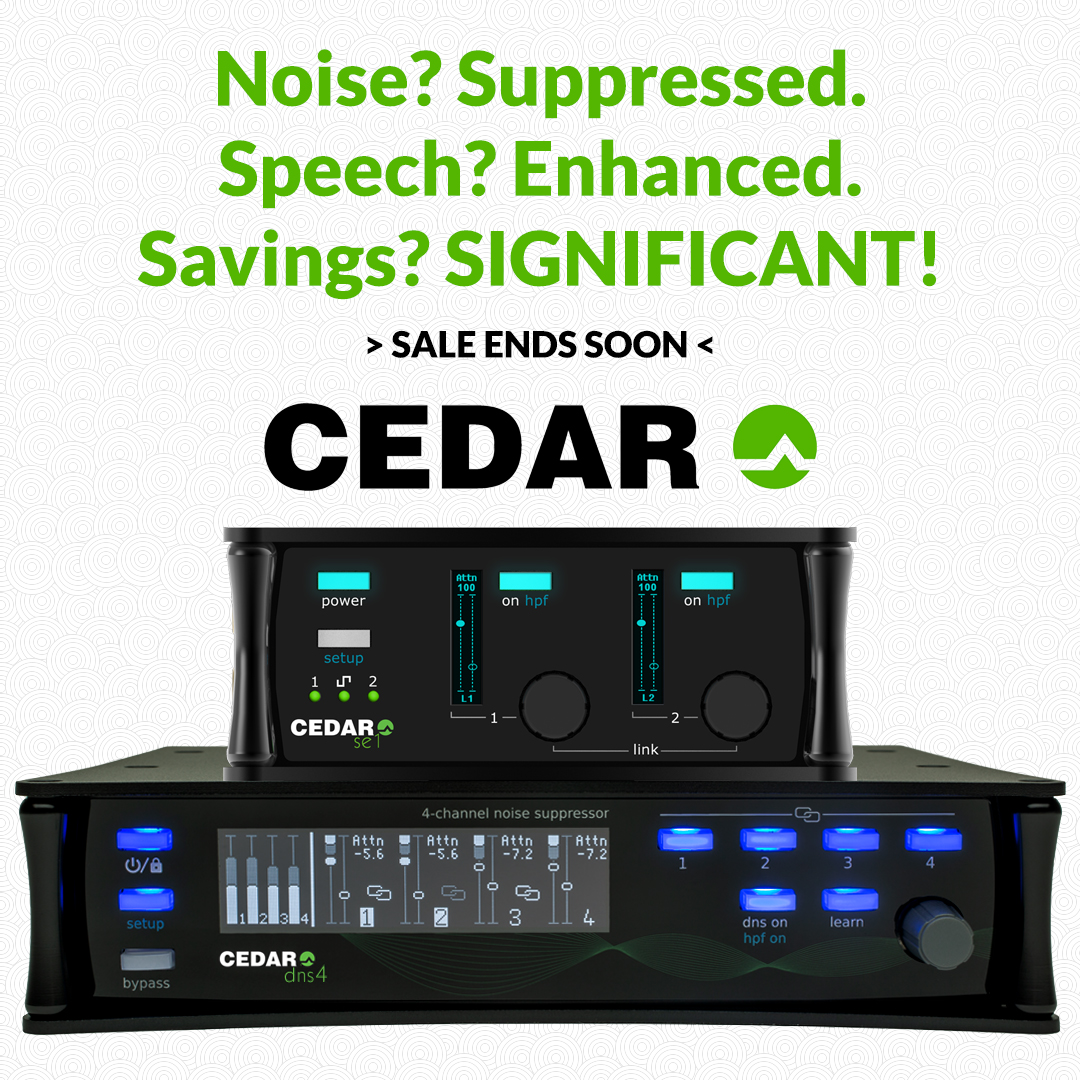 LocationSound's tweet photo. CEDAR AUDIO'S sale is significant! For sound pros, the DNS 4 4-Channel Dialogue Noise Suppressor is more than 30% off. For security/surveillance, the SE 1 Speech Enhancer is 30% off. Ends December 16, 4 PM Pacific. 🔗 https://t.co/EamrD7Ue3V https://t.co/8evc0sxtZI