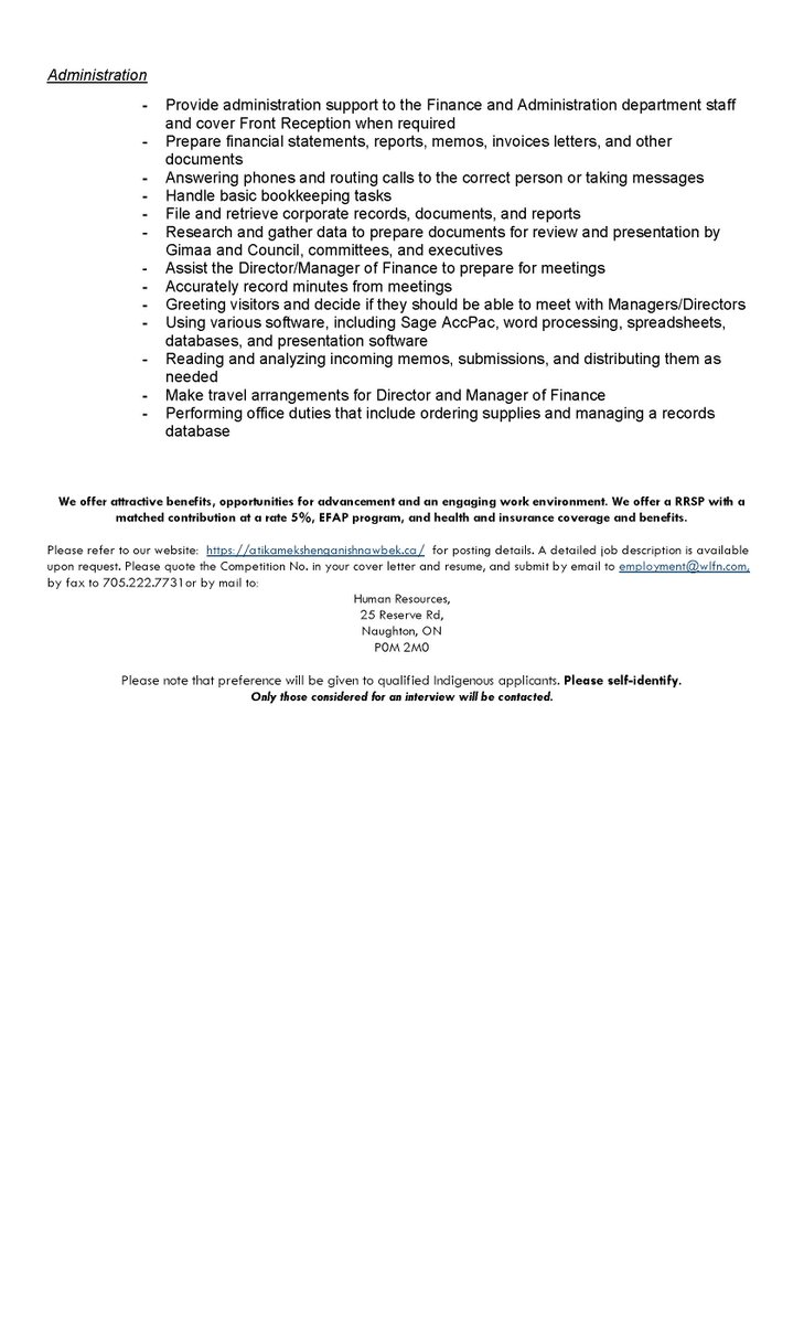 Please see the attached Job Postings for Atikameksheng Anishnawbek.

We are growing and looking for the following:

1. Librarian 
2. Finance Administrative Assistant

Please see the postings for more details.

The closing date for both positions is December 15th.

Miigwetch.