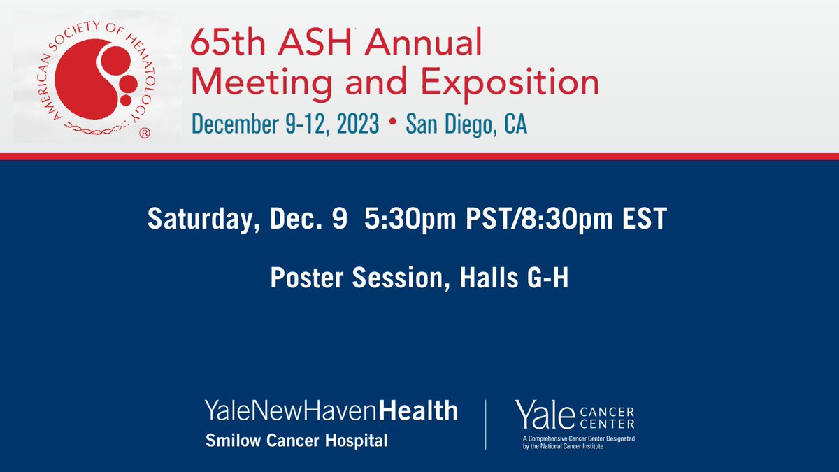 Join us starting at 5:30pm PST/8:30pm EST in Halls G-H, as 19 of our experts in #hematology present during today's Poster Session at #ASH23 @SmilowCancer @YaleHematology @MinaXu7 @ramzi_hamouche @johnvaughnmd @BarNoffar @SatokoItoMDPhD @sfhYALE @JMStempel @ketzer_franz @WaldronCJ
