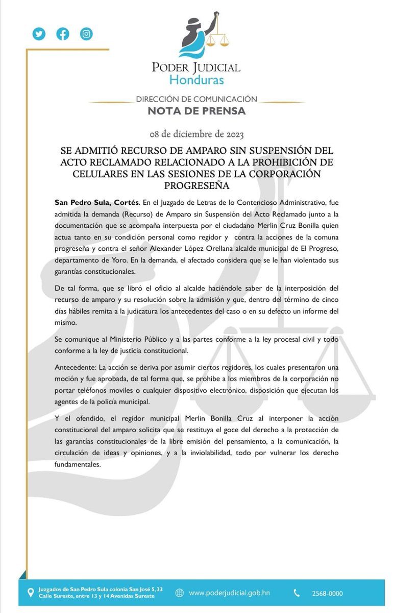 #Judiciales 
En el #JuzgadoDeLetras de lo Contencioso Administrativo se Admitió el Recurso de Amparo Sin Suspensión del Acto Reclamado sobre la Violación de las Garantías Constitucionales por parte de Alexander López Alcalde Municipal de #ElProgreso.