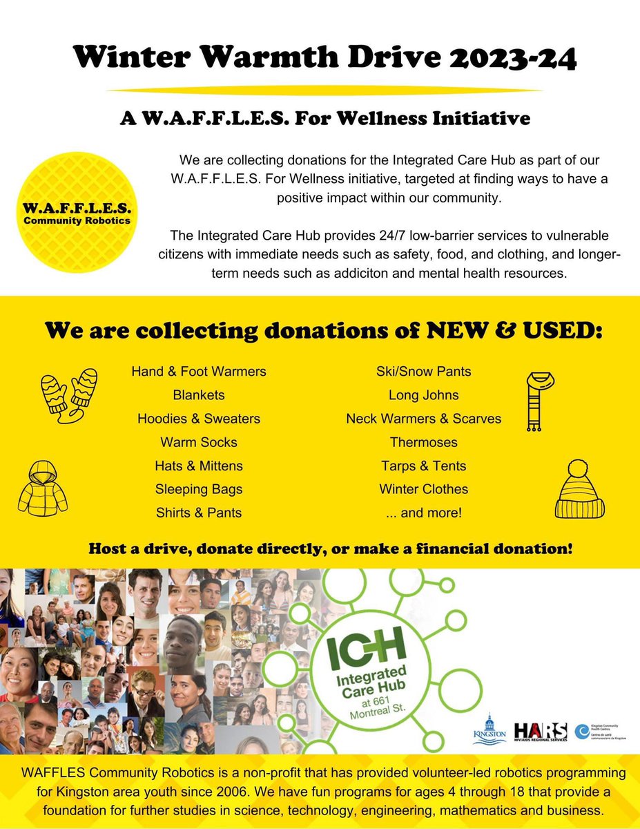 Get involved with our 'Winter Warmth' Drive for @KingstonCHC! - DM for pickup - Etransfer info@wafflesrobotics.com and we will buy items - Drop by 115 Barrack St (text the number on the south door) on Mon, Thurs, or Fri next week 6:30-8:30 #omgrobots #stemygk #firstinspires