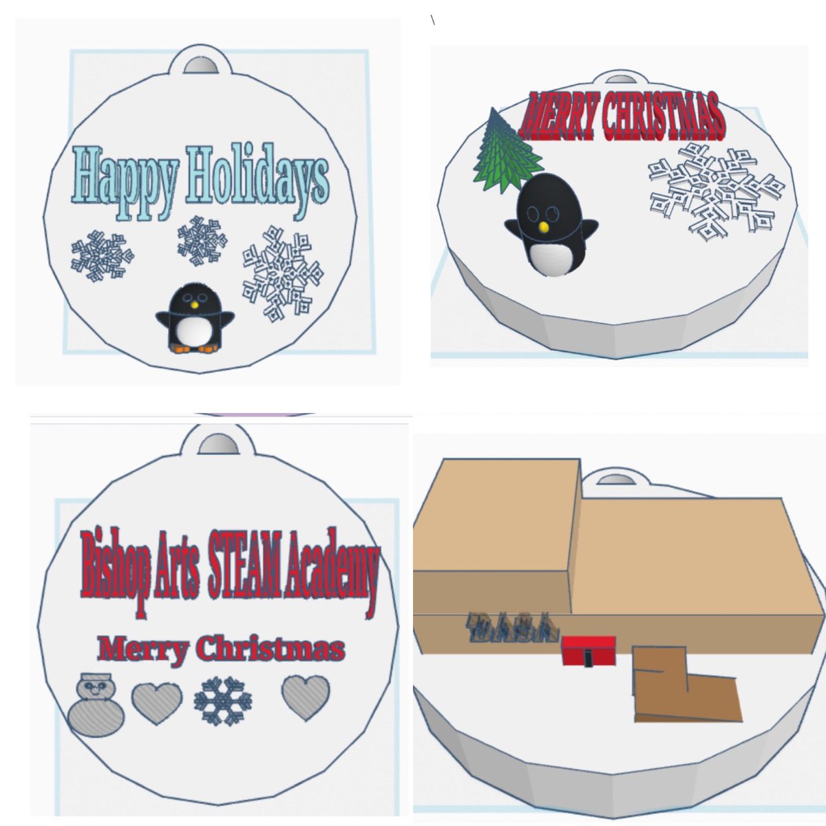 BishopArtsSTEAM's tweet photo. This evening, at the winter program, our 5th graders will be selling their 3D printed ornaments! Here are a few of their @tinkercad designs that they printed on the @makerbot printer. $5 each! Great work 5th grade! https://t.co/BhJWspGzwc