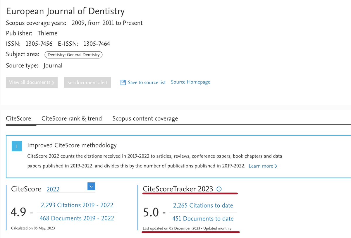 Eurjdent's tweet photo. We're delighted to share that the European Journal of Dentistry has achieved a remarkable SCOPUS CiteScore of 5.0 (monthly basis SCOPUS CiteScore), as last updated on December 5, 2023. 

Discover more about the journal at Scopus Profile Link https://t.co/GLeMVPvev1 https://t.co/rKwKTew6I6