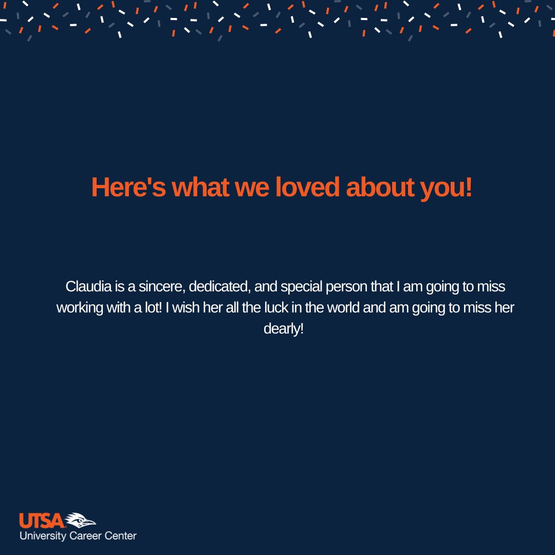 UTSACareer's tweet photo. Congratulations on your graduation, Claudia!
Go ‘Runners! #utsagrad #UTSA23 #UTSA https://t.co/ATOyqGDz2T
