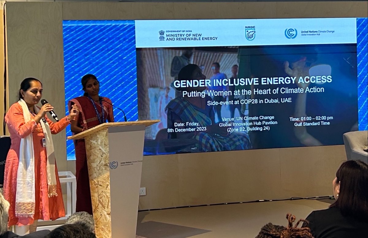 Thanks to our partners <a href="/UNFCCC/">UN Climate Change</a>, <a href="/mnreindia/">Ministry of New and Renewable Energy (MNRE)</a>, <a href="/SEWABharat/">SEWA Bharat</a>, <a href="/IRENA/">IRENA</a>, <a href="/NRDC_India/">NRDC India</a>, and everyone who shared deeply moving stories at <a href="/NRDC/">NRDC 🌎🏡</a>’s #COP28 event today on gender inclusive energy access.