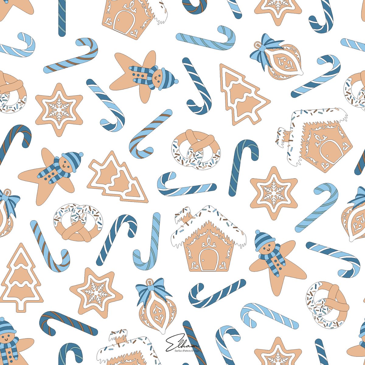 Here it is, the first pattern of my Christmas collection with gingerbread, pretzel and candy cane. Hope it brings you some holiday cheers! 🥳☃️
#Christmas , #christmasdecorations , #surfacepattern , #patterndesigner , #printdesigner , #textiledesigner , #illustrationart
