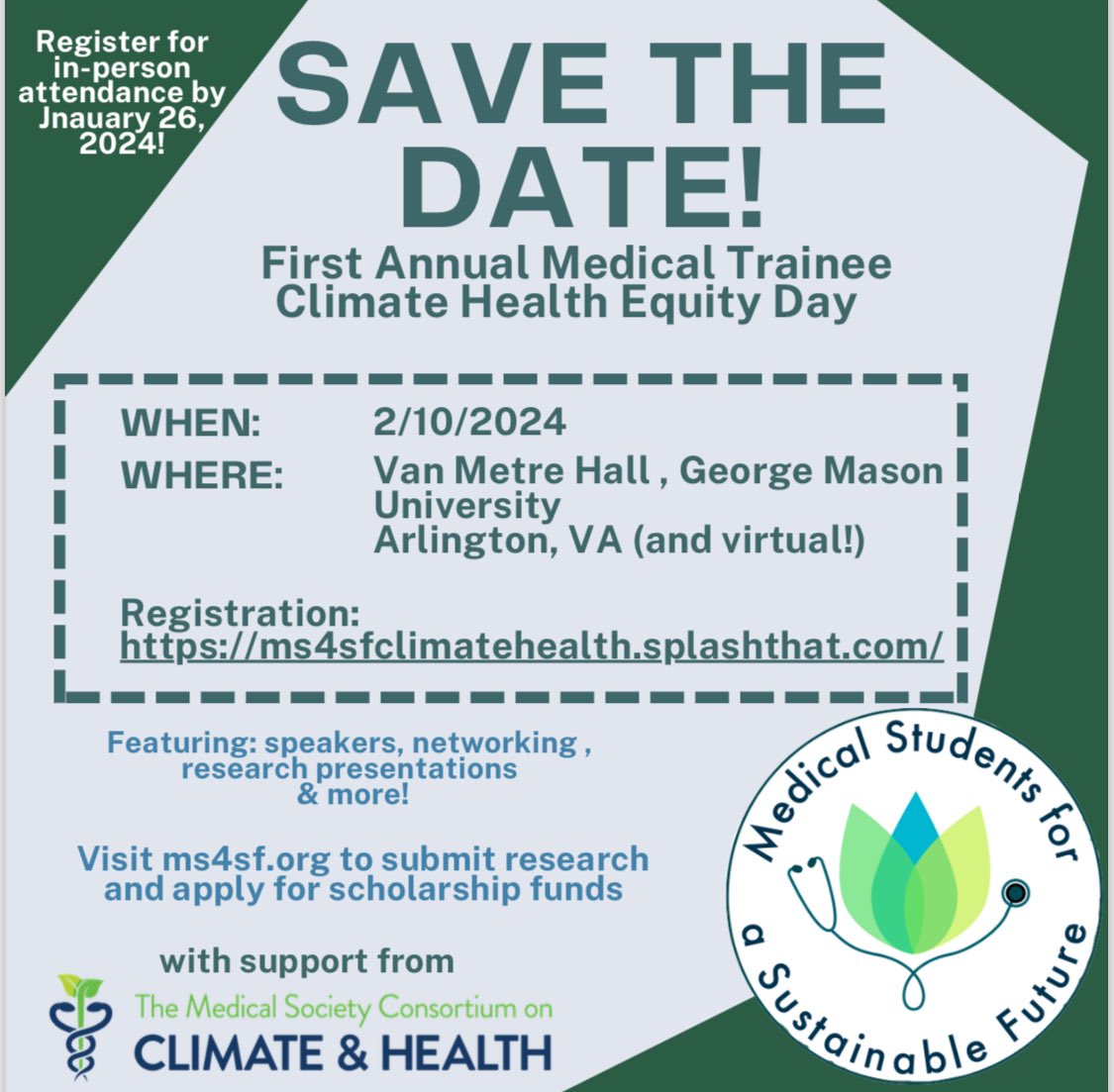 Register now!!  Go to ms4sfclimatehealth.splashthat.com to sign up for in person or virtual attendance! Follow links there or on MS4SF.org to access scholarship and abstract submission forms. 
Can’t wait for you to join us! 

#climatehealth #medtwitter