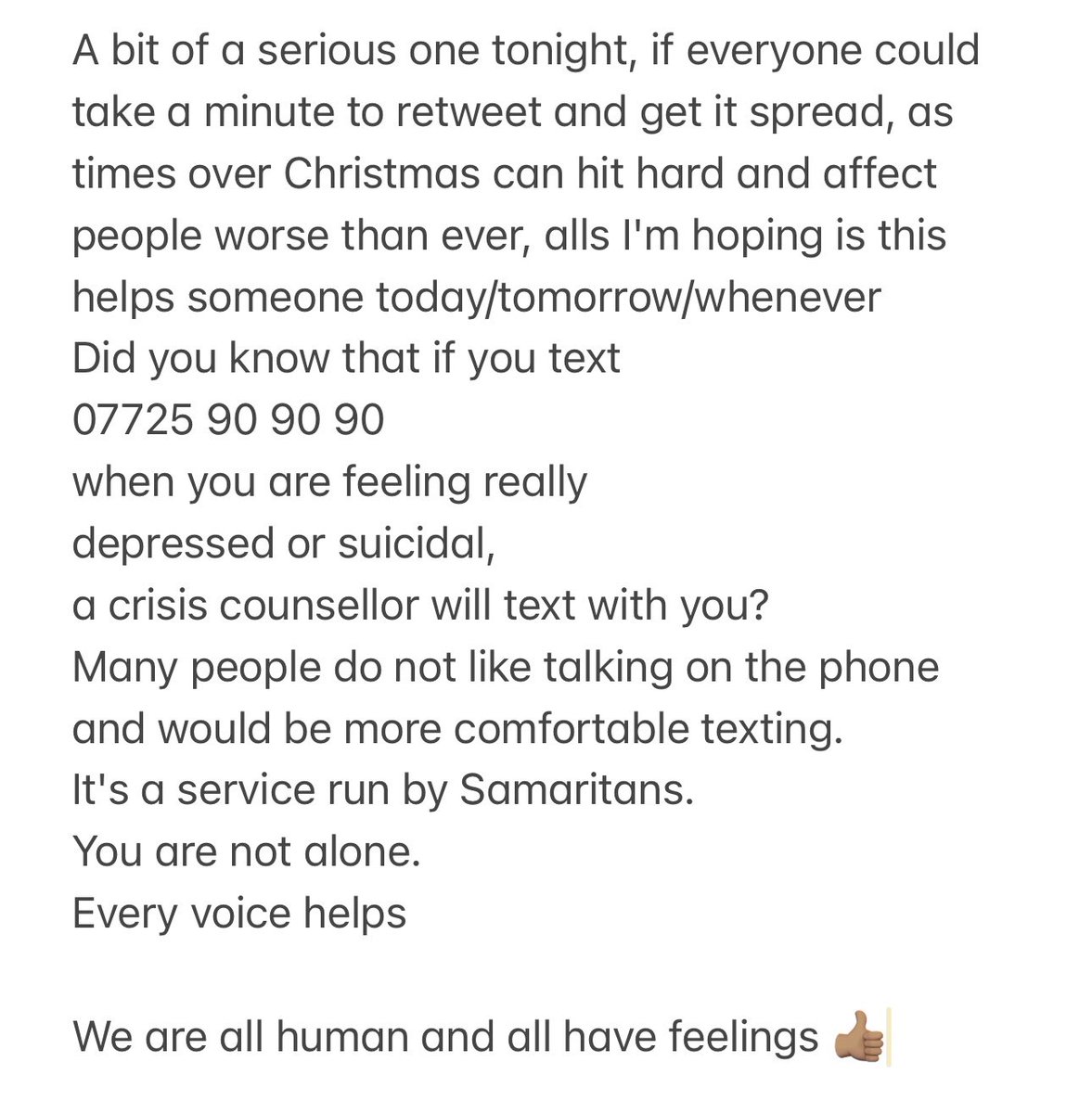 _lewpowell's tweet photo. Only takes a minute, let’s support one an other over the Christmas period and throughout, tough times for a lot of people and it’s vital we get this message far and wide, stay safe and reach out if you feel your struggling. 👍🏽 07725 90 90 90 , drop them a text and get some help https://t.co/mAWQxKucXV